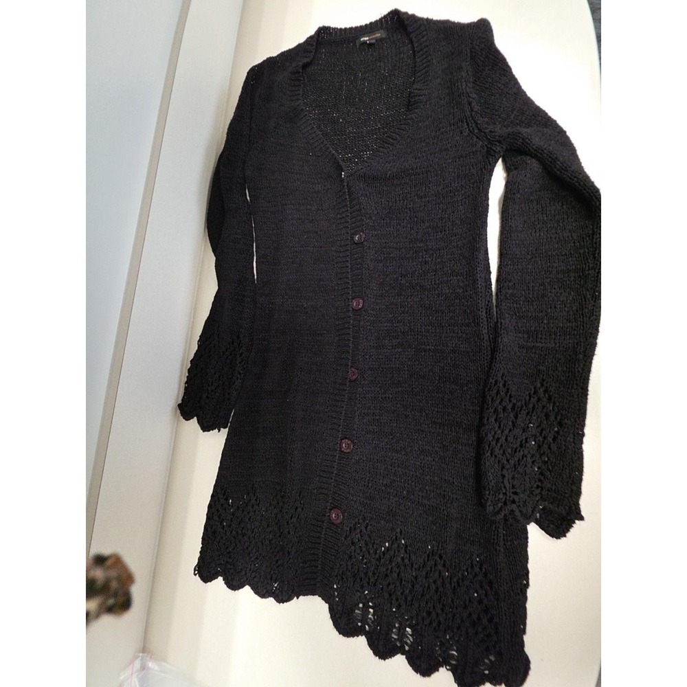 BCBGMAXAZRIA Cardigan Sweater Womens M Black Button Longline Crochet Hem Knit